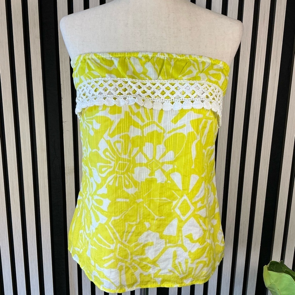 Trina Turk Floral Strapless Silk Blend Top in Yellow and White